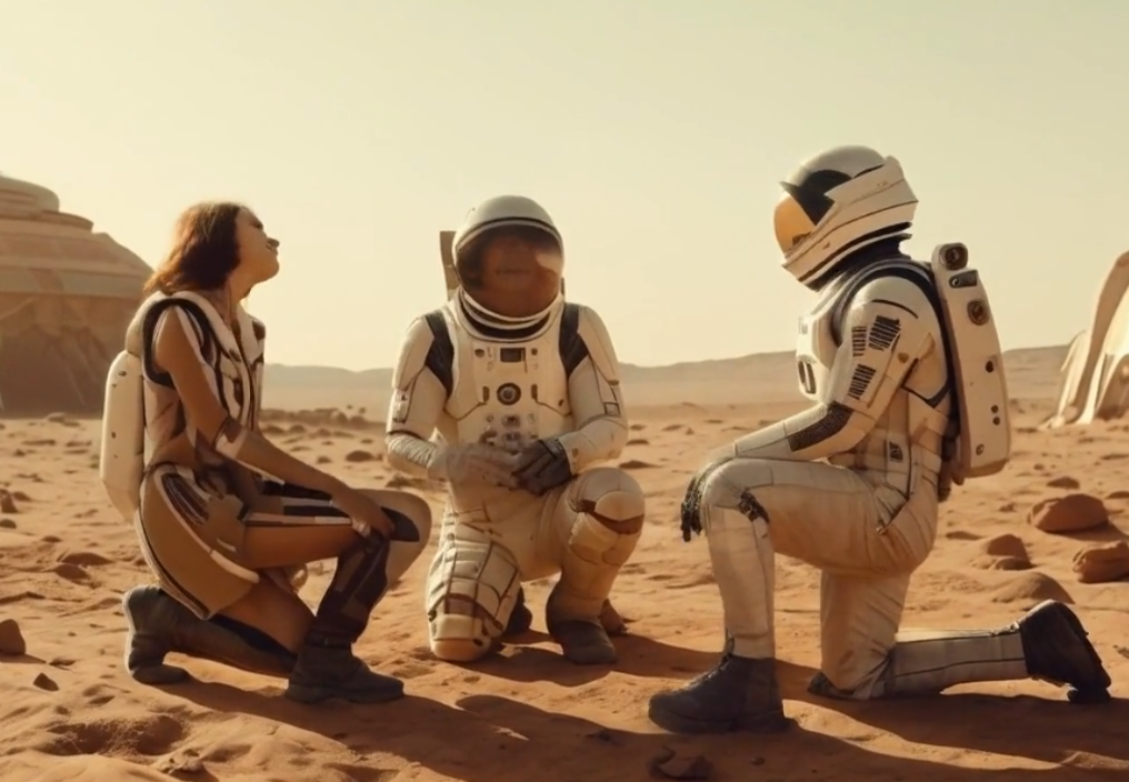火星の赤い地表に着陸した火星移民船から、サラとミックが降りてきている。彼らは新しい世界での生活を始めるために、船外活動用のスーツを着用している。
