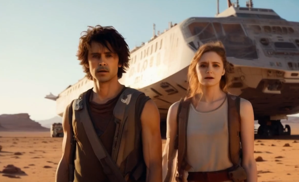 サラとミックが火星移民船の前に立っている