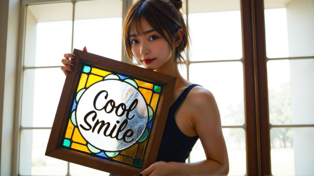 CoolSmileと書かれたステンドグラスを持つ女性