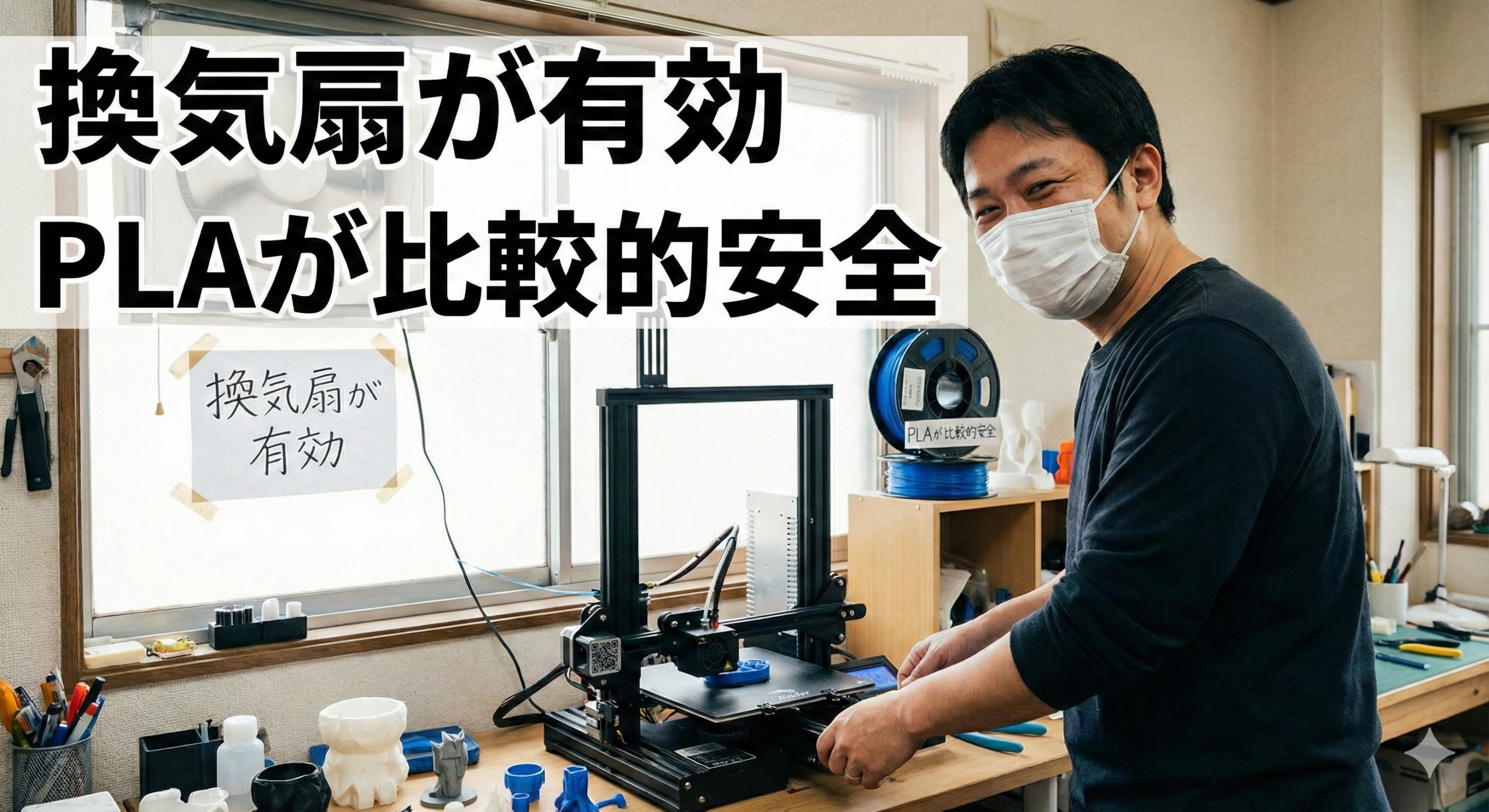 3Dプリンターが稼働している写真で、マスクをして作業している日本人男性写真　窓には換気扇があって、「換気扇が有効」「PLAが比較的安全」とタイトルを大きく書かれたブログ