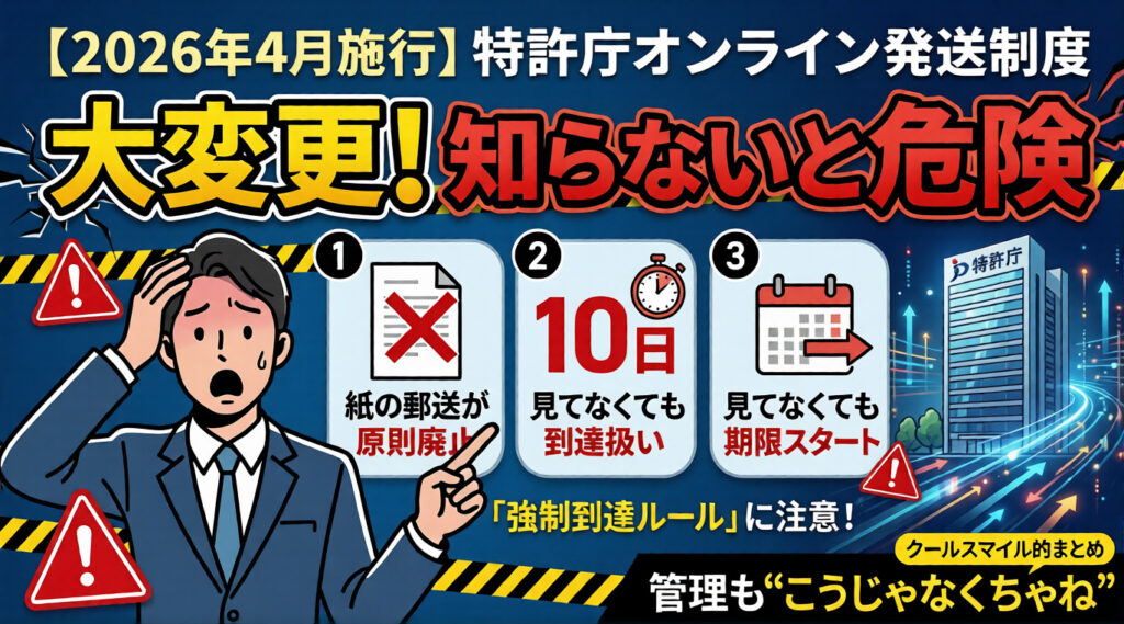 【2026年4月施行】特許庁のオンライン発送制度が大変更！知らないと危険なポイントまとめ